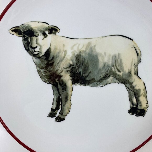 Omniware 8.5" Stoneware Sheep Salad Plate Red Rim Vintage - Picture 2 of 4